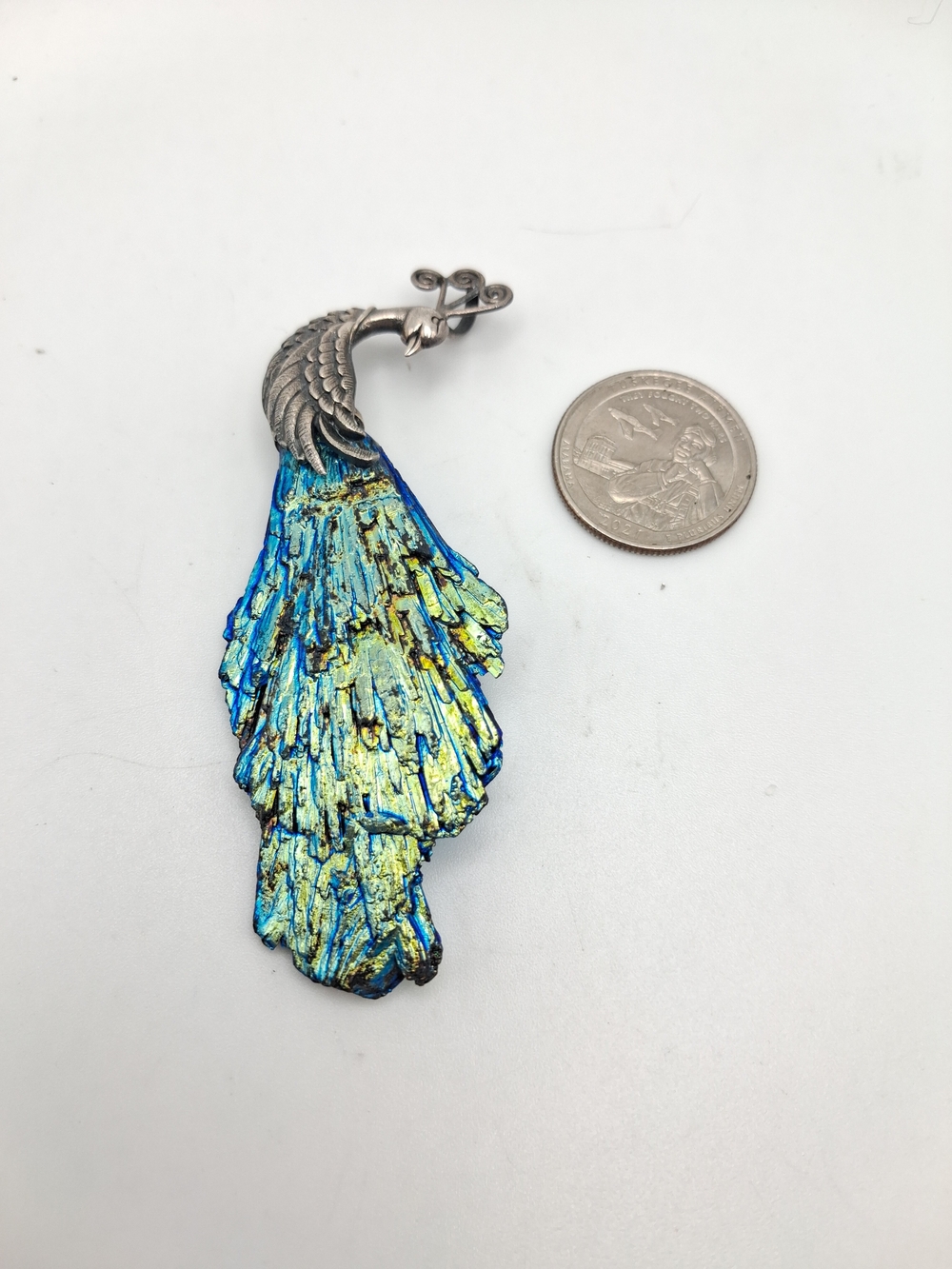 Iridescent Blue-Green Peacock Feather Pendant
